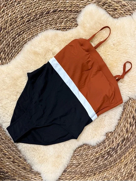 Rust and Black Colorblock One-Piece Swimsuit with White Waistband - Picture 2 of 4